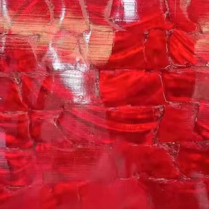 Könnte beinhalten: Nahaufnahme einer roten, schillernden, strukturierten Oberfläche. Die Oberfläche besteht aus kleinen, unregelmäßigen Formen, die ein mosaikartiges Muster bilden.