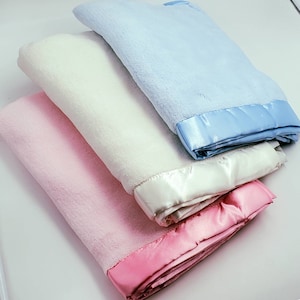 29" x 39" Fleece Baby blanket blanks with Satin trim for embroidery - pink, cream white, or blue for boy or girl
