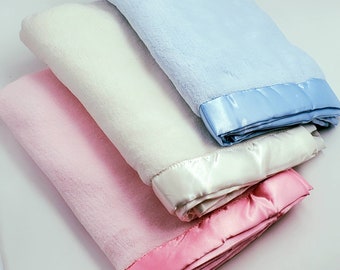 29" x 39" Fleece Baby blanket blanks with Satin trim for embroidery - pink, cream white, or blue for boy or girl