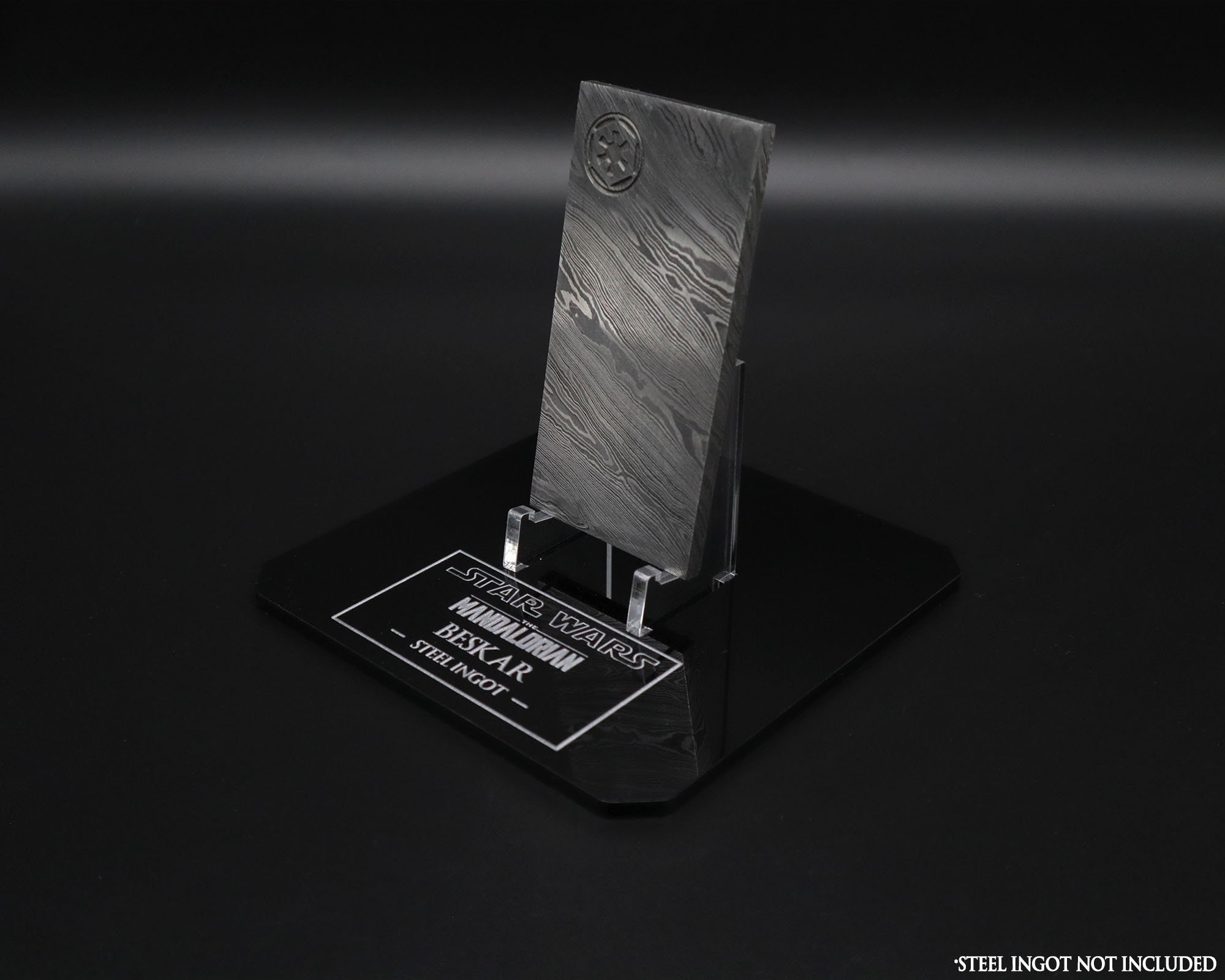 Class-I Piano Black Acrylic Beskar Steel Ingot Stand with Silver-Painted Engraved Text