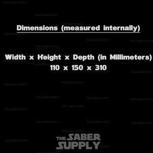 Puede incluir: Las dimensiones de un producto se indican como 110 x 150 x 310 mil&iacute;metros. El texto dice "Dimensiones (medidas internamente) Ancho x Alto x Profundidad (en mil&iacute;metros)" y "The Saber Supply".