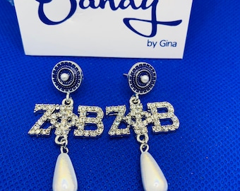 Zeta Phi Beta Pearl and Rhinestone Drop  Earrings