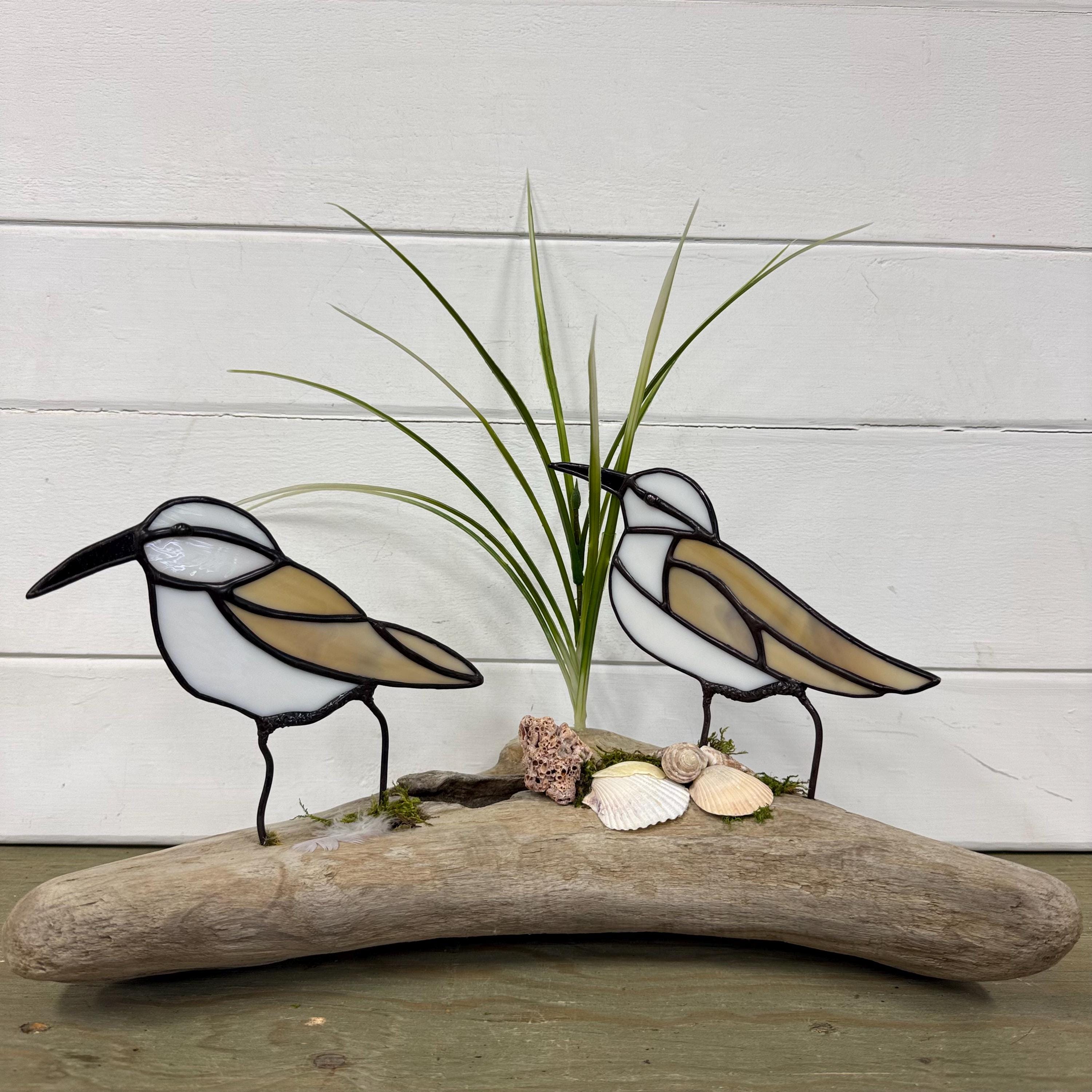 Stained Glass Sandpipers Sculpture: Driftwood Base