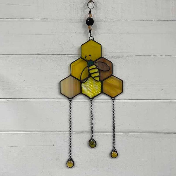 BEE/HIVE MOBILE - Stained glass bumble bee with tiny hive suncatcher