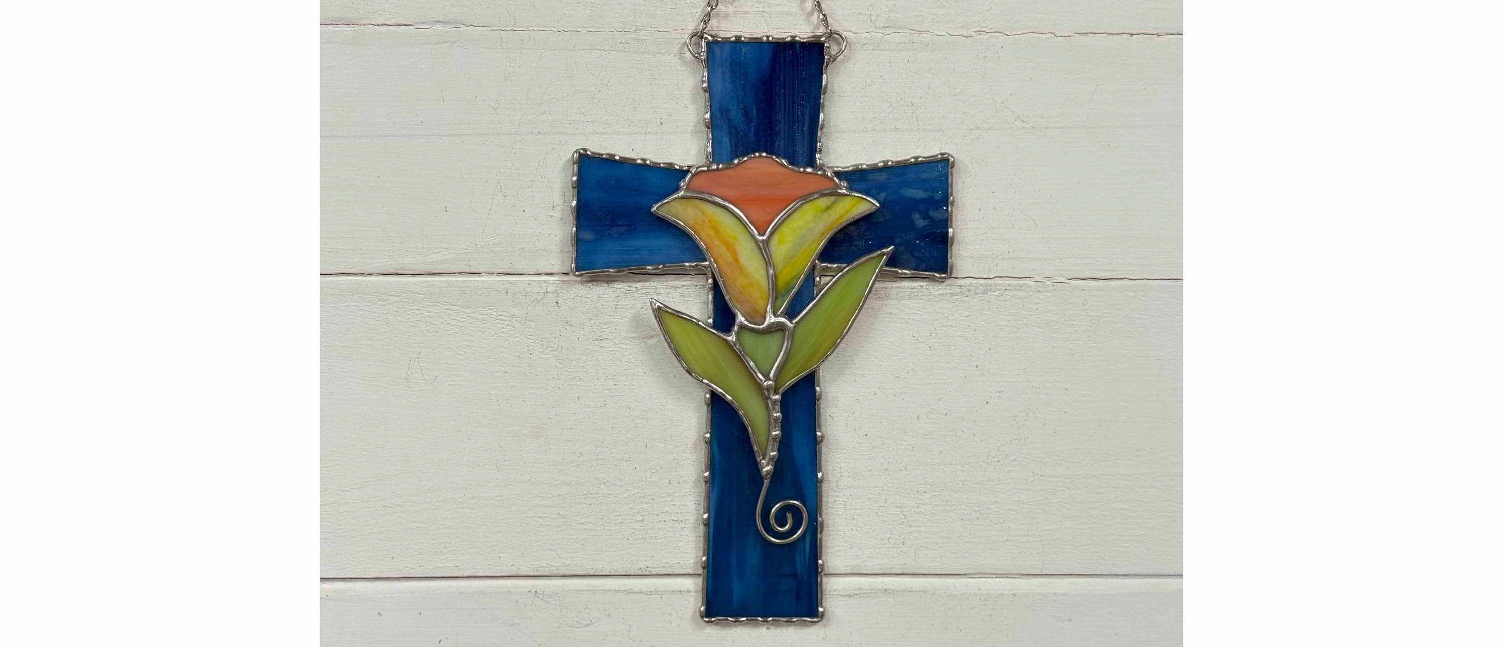 Stained Glass Lily Cross Suncatcher - Colorful Window Hanging
