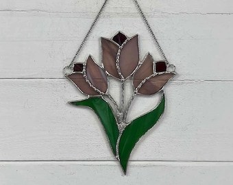 STAINED GLASS FLOWER - glass art - stained glass window hangings - Tulip Trio Suncatcher