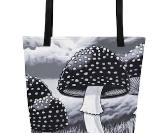 Mushroom Bag - Amanita Muscaria, Magic Mushroom Tote Bag, Large Dark Academia Book Bag, Dark Cottagecore Tote Bag