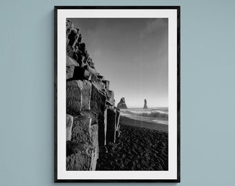 Basalt Columns Vik Beach Iceland Photo, Iceland Photography, Iceland Landscape Print, Black and White Beach Photo