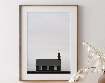 Black Church of Búðir Minimalist Iceland Photography Print, Nordic Landscape Wall Art
