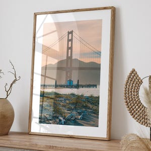 Decorazione murale di San Francisco, Crissy Beach, San Francisco incorniciata, Tramonto sul Golden Gate Bridge, Foto regalo molto grande, Decorazione per ufficio