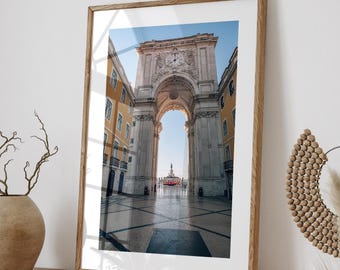 Arte mural de Lisboa Portugal – Arco da Rua Augusta con impresión fotográfica de tranvía, cartel de viaje