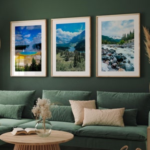 US National Parks Set of 3 Prints, Yellowstone, Glacier National Park and Mount Rainier, National Park Wall Art Set, Mountain Poster