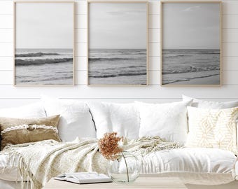 Black and White Beach Triptych, Coastal Wall Art Set of 3, Minimalist Ocean Photography