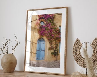 Malta Fine Art Print, Malta Wall Art, Flowers over Door Photo, Floral Wall Art, Mediterranean Art, Blue Door Print, Unique Gift for Her