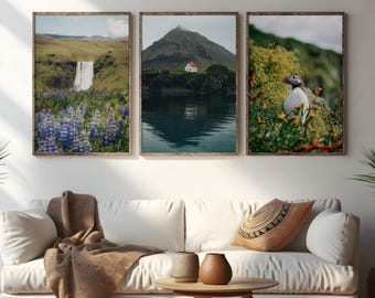 Iceland Photography Set of 3 Prints | Waterfall, Puffin & Coastal Landscape Print Set