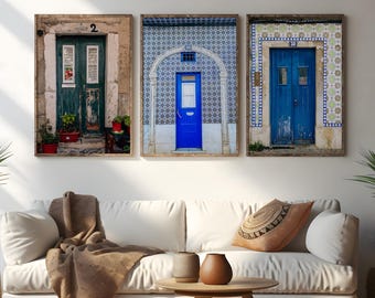 Lisbon Door Wall Art Set of 3, Portuguese Tile Prints, Portugal Decor