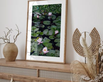 Waterlilies Olive Green Wall Art, Botanical Print Nature, Pink Lotus Flower Wall Art, Fine Art Photography Large Framed, floral home decor