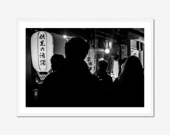 Kyoto Japan Photography Print: Black and White Pontocho Alley with Lanterns
