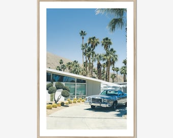 Palm Springs Photography Print – Vintage Midcentury California Wall Art with Desert Palms & Classic Car