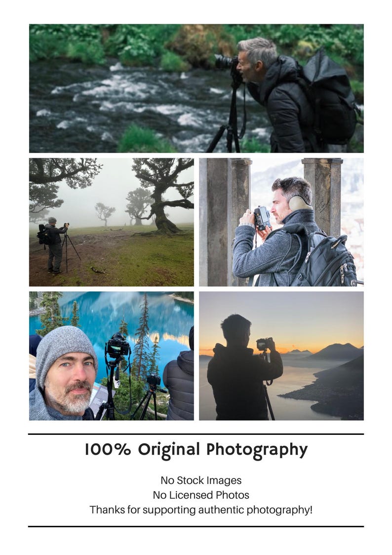 The image is a collage of four photographs depicting various scenes and subjects, including a person with a camera, a person with a backpack, a person with a camera, and a person with a camera. The image is 100% original photography, and it does not contain any stock images or licensed photos. The image also expresses gratitude for supporting authentic photography.