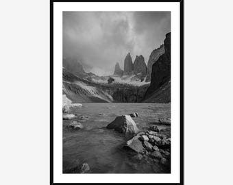 Torres del Paine Print: Black and White Patagonia Mountain Photography