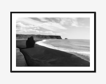Black Sand Beach Iceland Photography Print, Vik Seascape, Monochrome Coastal Wall Art