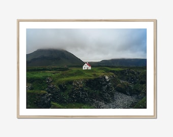 Iceland Photography Print, Arnarstapi Coastal House, Moody Landscape Wall Art