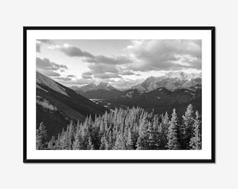 Muurkunst Canadian Rockies, Banff Mountain Landscape-print, zwart-witfotografie