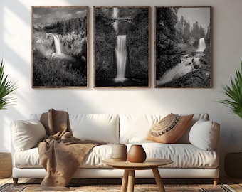 Pacific Northwest Waterfalls Photography Print Set: Black and White Fine Art