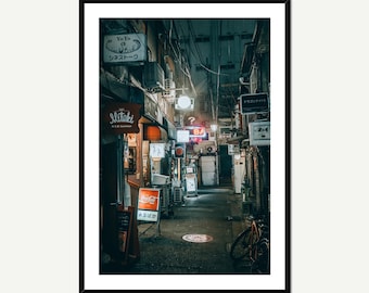 Op de afbeelding: Ingelijste foto van een smalle steeg in Japan, verlicht door neonreclame en bovenverlichting. De scène bevat Japanse tekst, een Coca-Cola-bord en een fiets. De afbeelding heeft een sombere, stedelijke esthetiek.