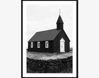 Budir Black Church Print, Iceland Photography, Minimalist Nordic Wall Art, Scandinavian Decor