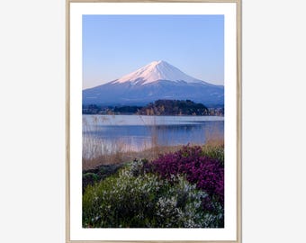 河口湖の絵画、富士山の水面反射の壁画、日本の夏の夕焼けのアート