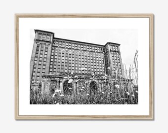 Zwart-witte architectuurprint, muurkunst Detroit Central Station