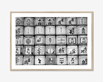 Black and White Sake Barrels Print, Japan Photography, Tokyo Japanese Wall Art