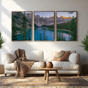 Moraine Lake Mountain Triptych Print Set, Set of 3 Banff Wall Art, Banff Mountain Alpenglow Print, Mountain Panoramic, 3 Panel Wall Art