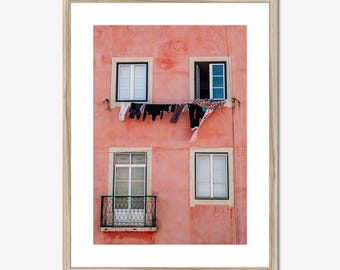 Alfama Pink Wall Lisbon Print, Hanging Laundry Photo, Laundry Room Decor, Pink Wall Art, Portugal Print