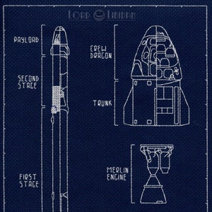 May include: A technical illustration of a Falcon 9 rocket with a Crew Dragon capsule, labelled with the title "Falcon 9 Crew Dragon Cutaway". The illustration shows the different stages of the rocket, including the first stage, second stage, and payload section. The illustration also shows the Merlin engine and the Crew Dragon capsule.