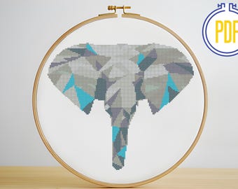 Modern Geometric Electric Blue Elephant Cross Stitch Pattern (PDF Download)