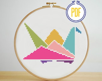 Origami Colorful Paper Crane Cross Stitch Pattern, Instant Download, PDF pattern