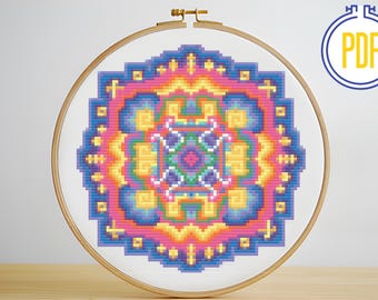 Modern Traditional Rainbow Mandala Cross Stitch Pattern, Instant Download, PDF pattern