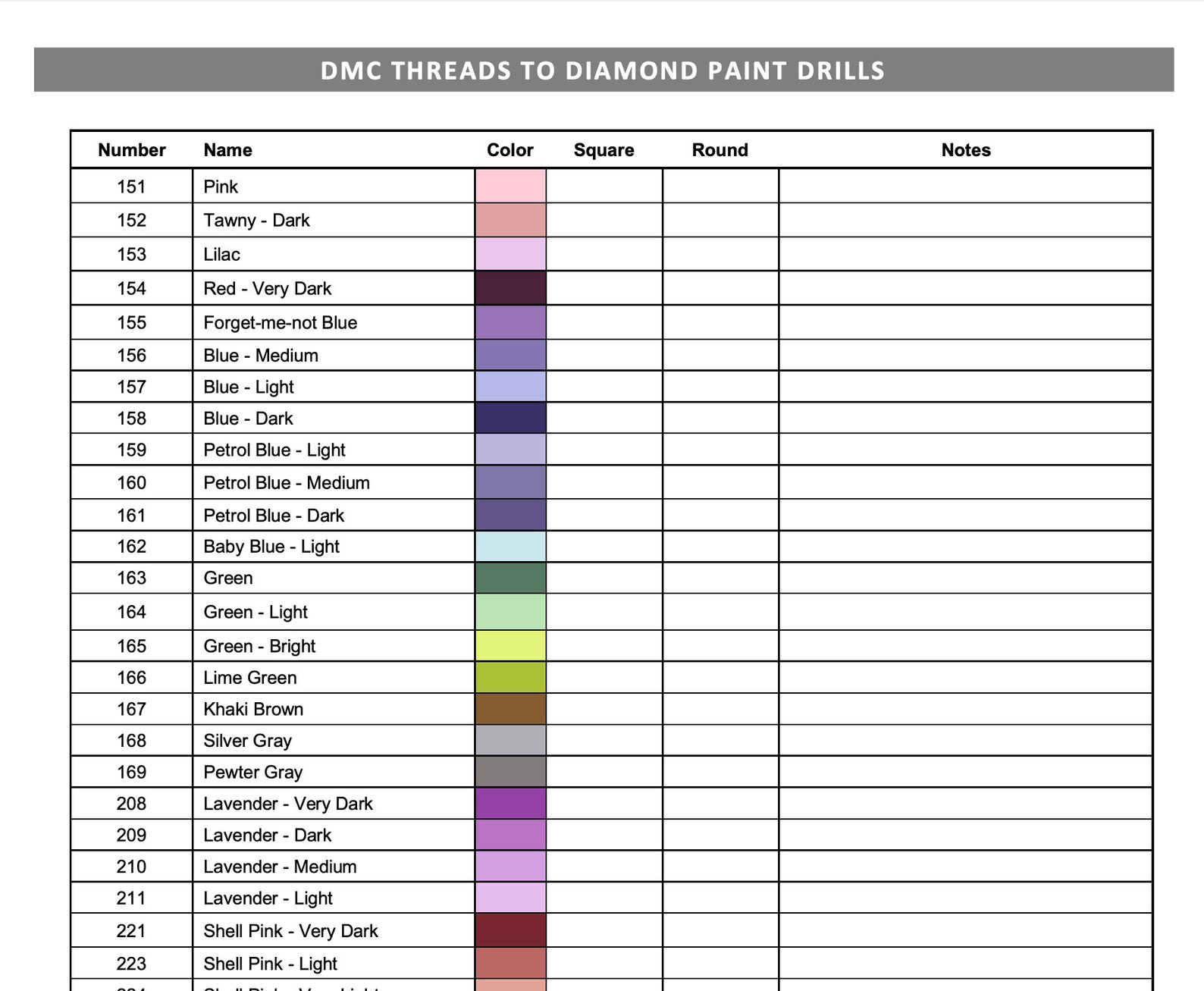 Printable Dmc Color Chart For Diamond Painting