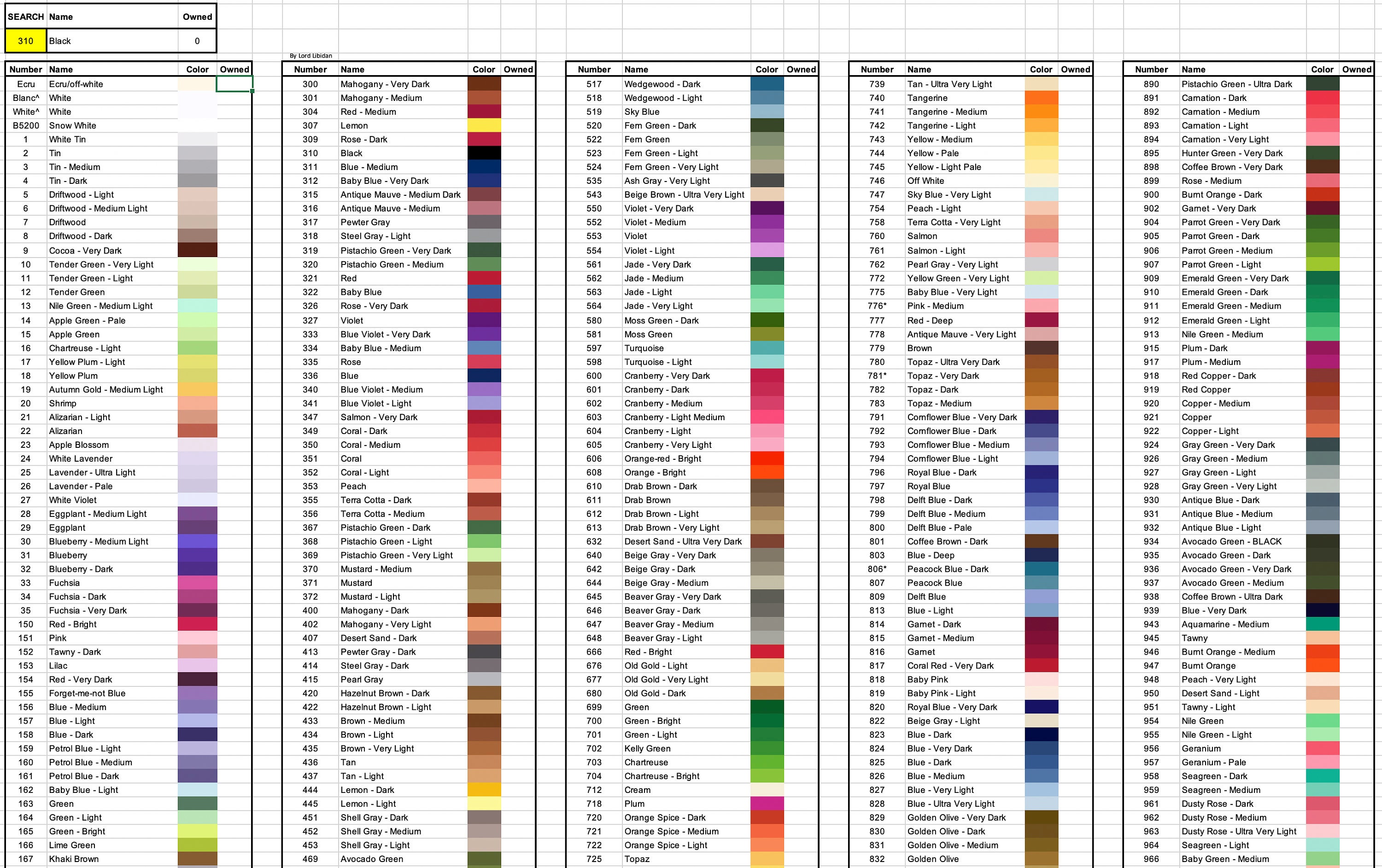 Printable DMC Thread Color Chart Tracker Inventory Sheet 