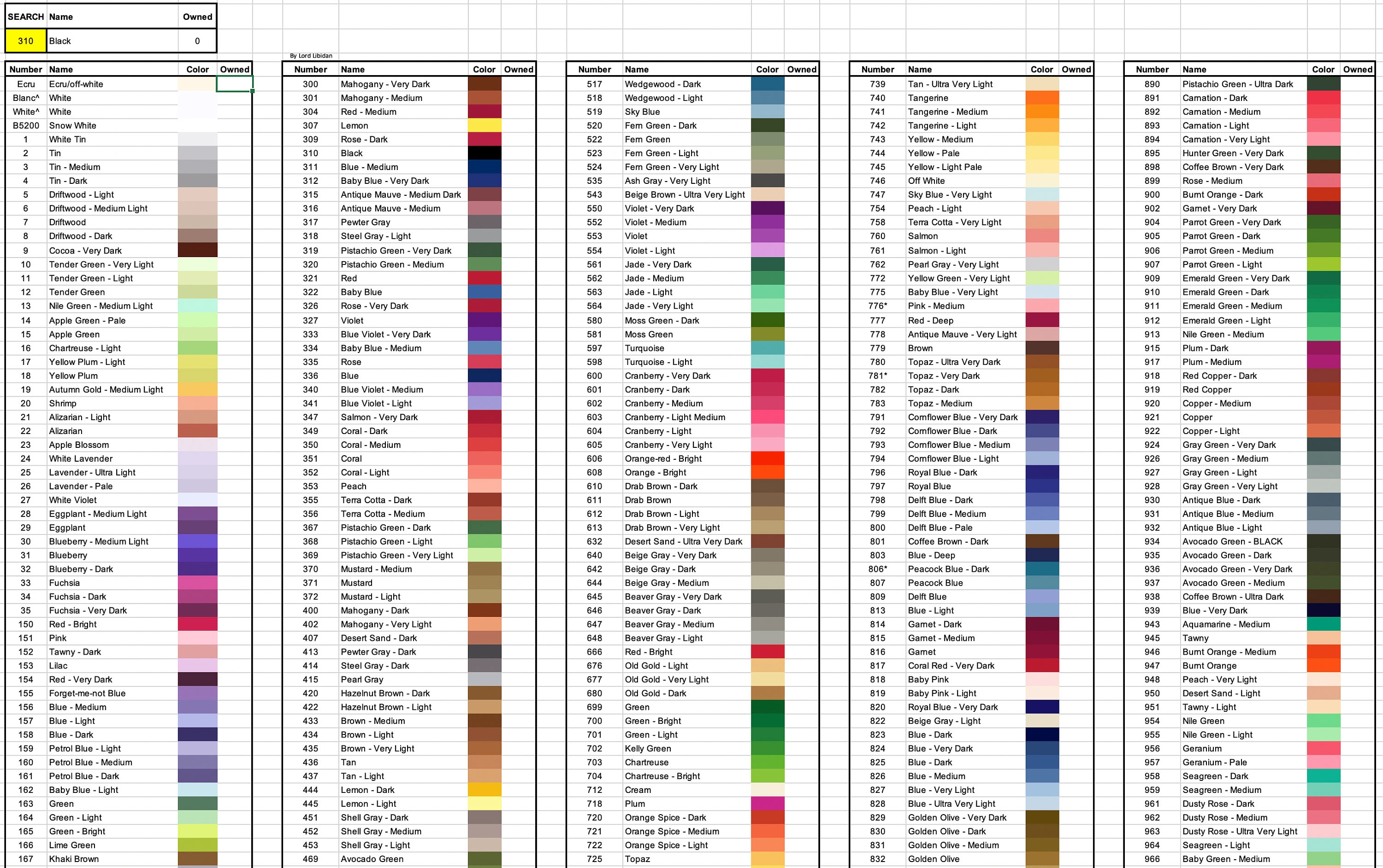 Printable DMC Thread Color Chart Tracker Inventory Sheet -  Sweden