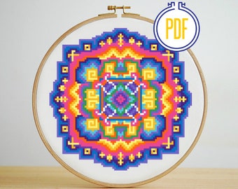 Modern Traditional Rainbow Mandala Cross Stitch Pattern, Instant Download, PDF pattern