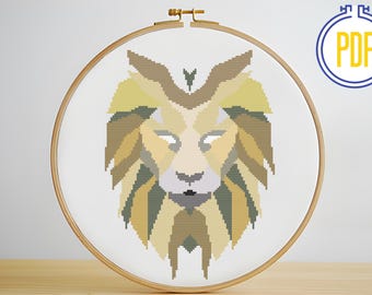 Geometric Lion Cross Stitch Pattern: Modern Beginner Design (PDF Pattern)