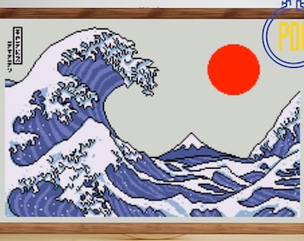 Wave Cross Stitch Pattern | Hokusai Japanese Art (PDF Download