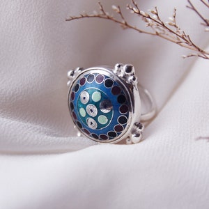 Barnovi Signature Design Silver Ring Handmade Enamel Cloisonne, Sterling Silver, Blue Enamel Ring, Gift, Enamel Jewelry, Blue Silver Rings image 1