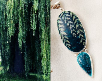 Willow necklace, Pendant, Green cloisonne enamel pendant, Enamel jewelry, Made in NY, Enamel jewelry, Green Handmade Pendant,Enamel Jewelry.