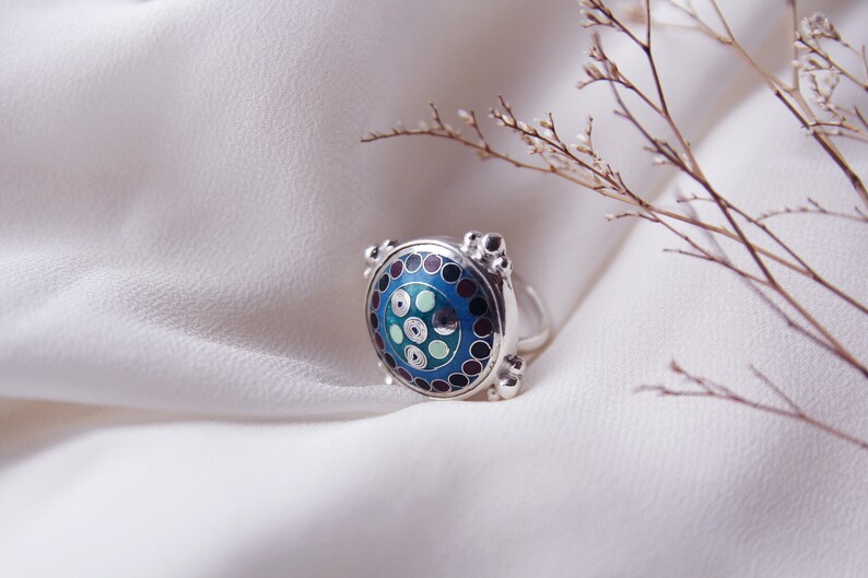 Barnovi Signature Design Silver Ring Handmade Enamel Cloisonne, Sterling Silver, Blue Enamel Ring, Gift, Enamel Jewelry, Blue Silver Rings image 1