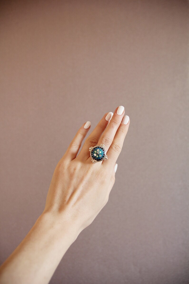 Barnovi Signature Design Silver Ring Handmade Enamel Cloisonne, Sterling Silver, Blue Enamel Ring, Gift, Enamel Jewelry, Blue Silver Rings image 7